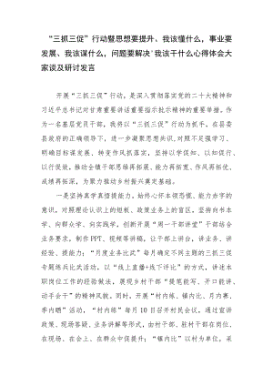 “三抓三促”行动暨思想要提升、我该懂什么事业要发展、我该谋什么问题要解决、我该干什么心得体会大家谈及研讨发言.docx