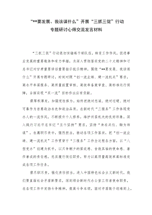 党员干部开展“XX要发展、我该谋什么”开展“三抓三促”行动专题个人心得体会研讨交流发言材料8篇.docx