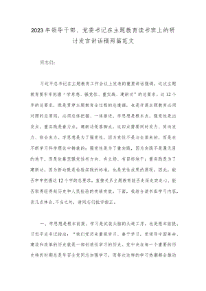 2023年领导干部、党委书记在主题教育读书班上的研讨发言讲话稿两篇范文.docx