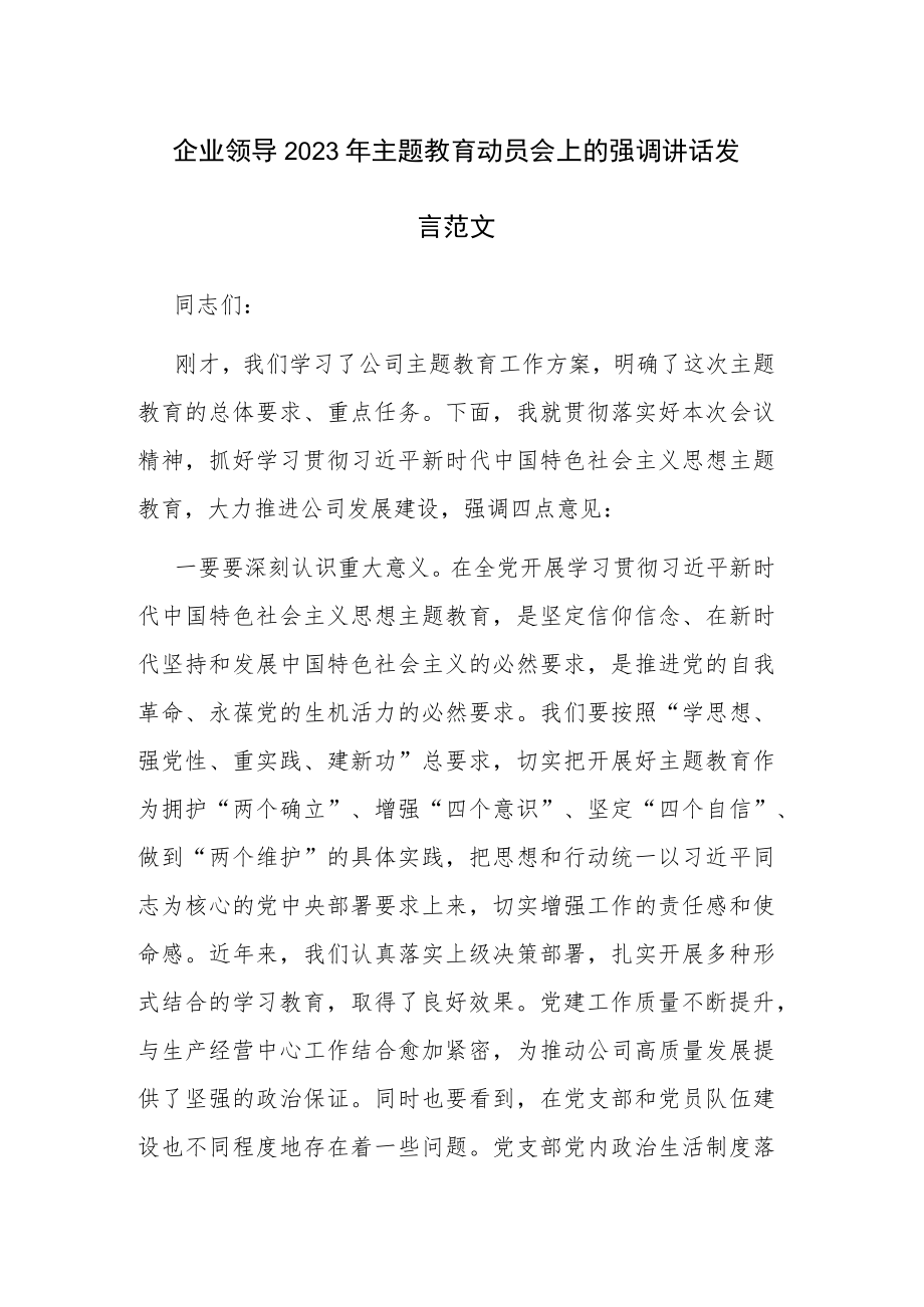 企业领导2023年主题教育动员会上的强调讲话发言范文.docx_第1页