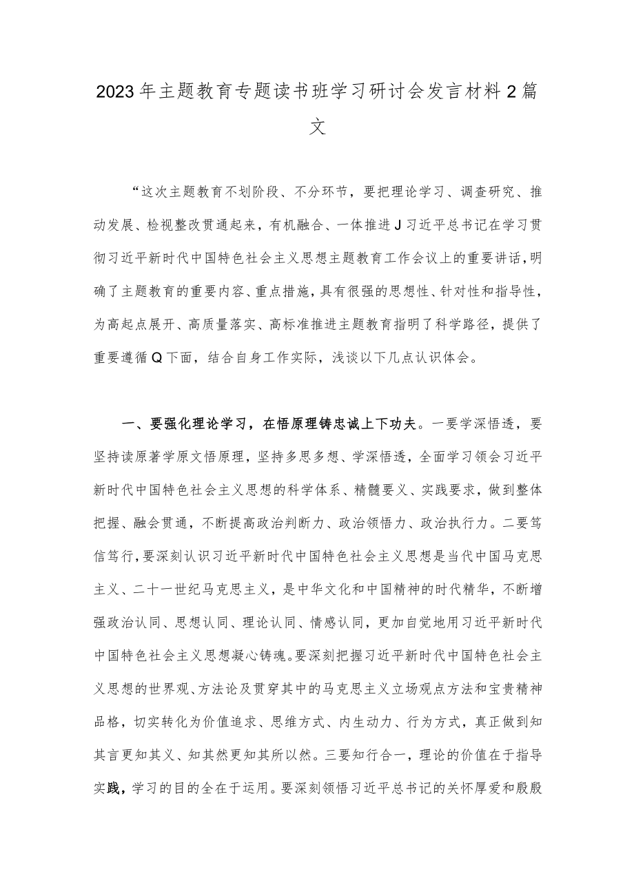 2023年主题教育专题读书班学习研讨会发言材料2篇文.docx_第1页