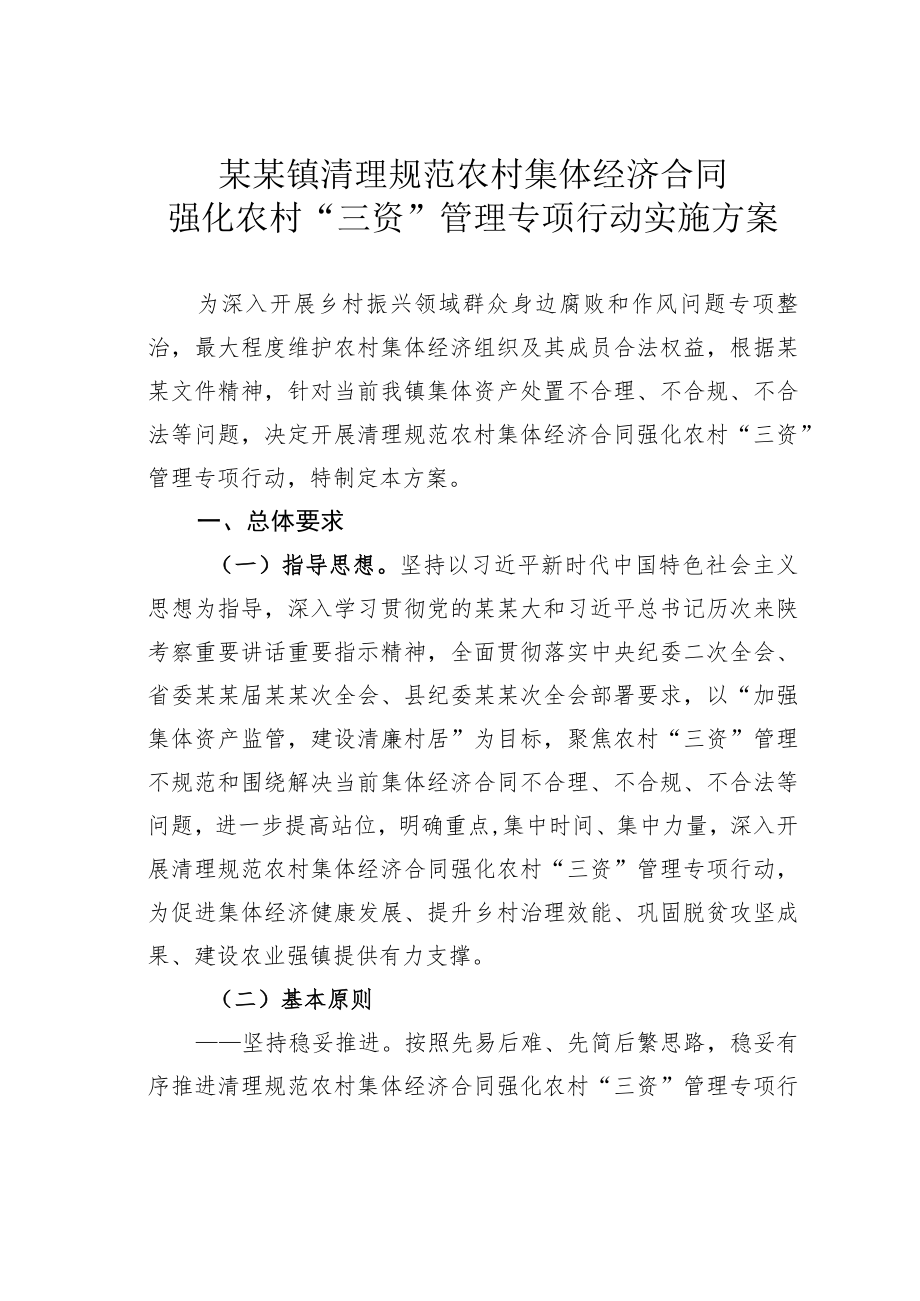 某某镇清理规范农村集体经济合同强化农村“三资”管理专项行动实施方案.docx_第1页