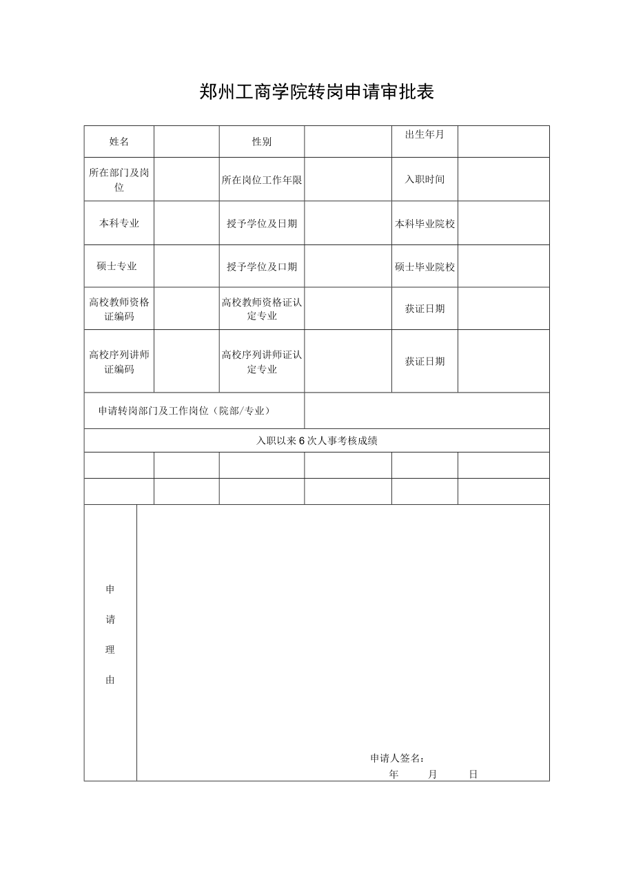 郑州工商学院转岗申请审批表.docx_第1页