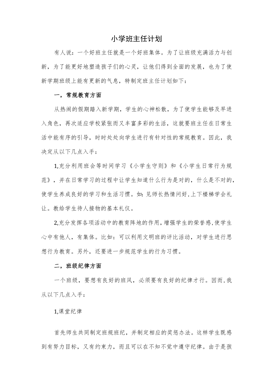 小学班主任计划.docx_第1页