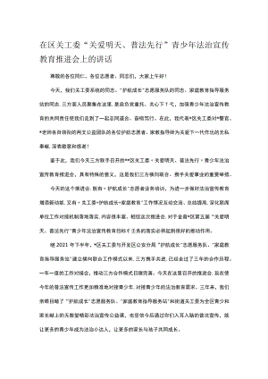 在区关工委“关爱明天、普法先行”青少年法治宣传教育推进会上的讲话.docx