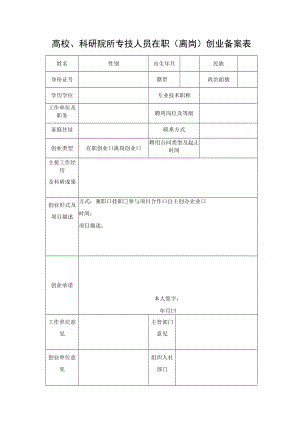 高校、科研院所专技人员在职（离岗）创业备案表.docx