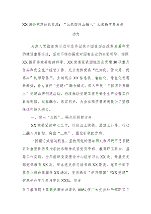 XX国企党建经验交流：“三抓四同五融入”汇聚高质量发展动力.docx