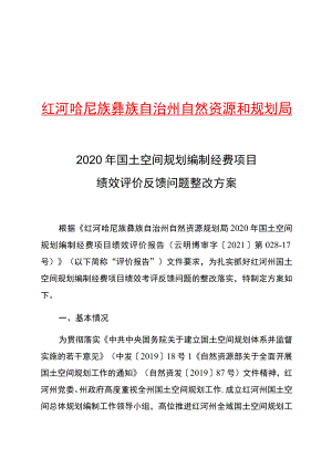 红河哈尼族彝族自治州自然资源和规划局2020年国土空间规划编制经费项目绩效评价反馈问题整改方案.docx