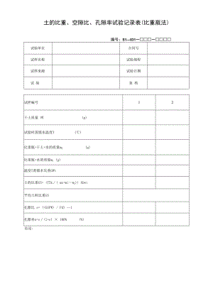 土的比重、空隙比、孔隙率试验记录表(比重瓶法).docx