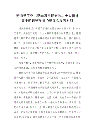 街道党工委书记学习贯彻党的二十大精神集中轮训班学员心得体会发言材料.docx