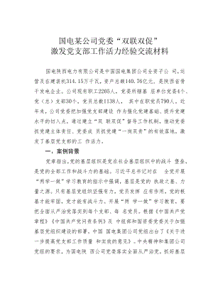 国电某公司党委“双联双促”激发党支部工作活力经验交流材料.docx