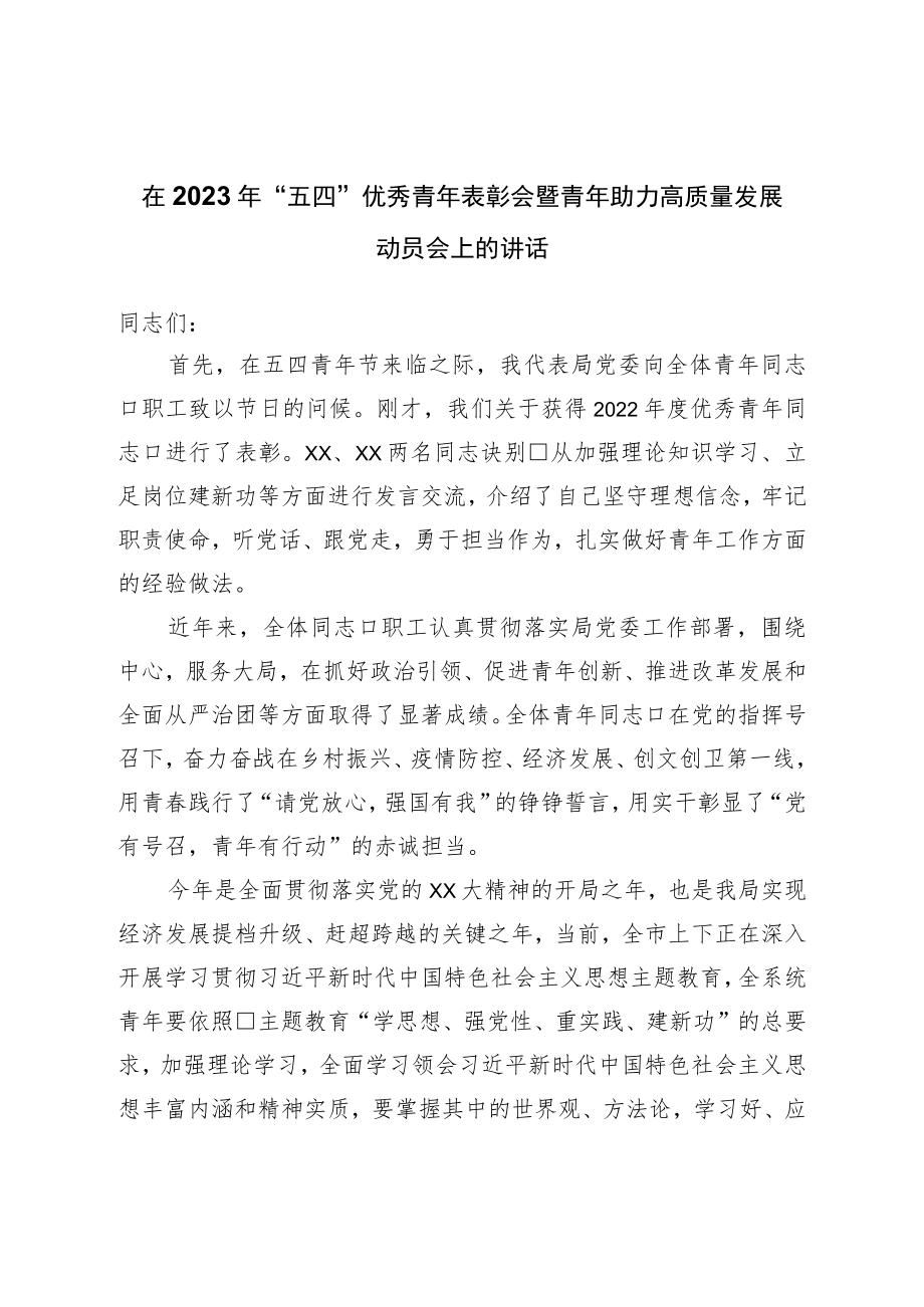 在2023年“五四”优秀青年表彰会暨青年助力高质量发展动员会上的讲话.docx_第1页