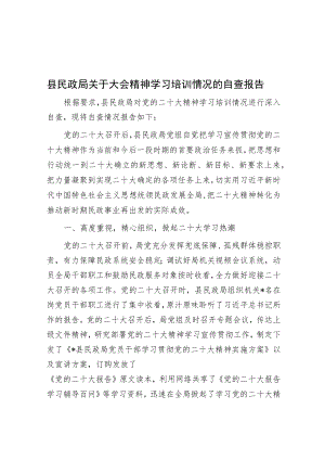 县民政局关于大会精神学习培训情况的自查报告.docx