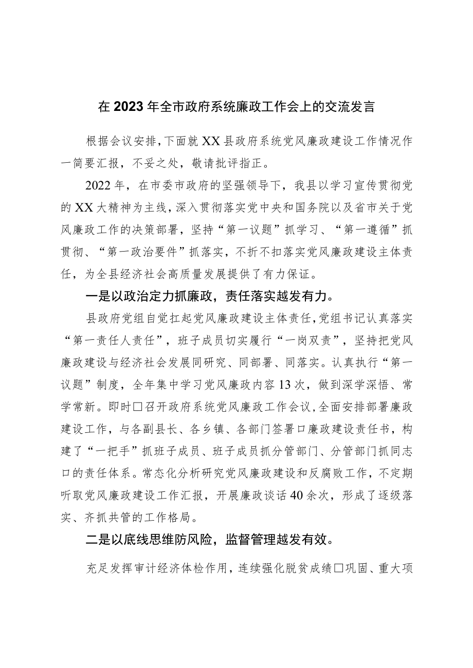 在2023年全市政府系统廉政工作会上的交流发言.docx_第1页