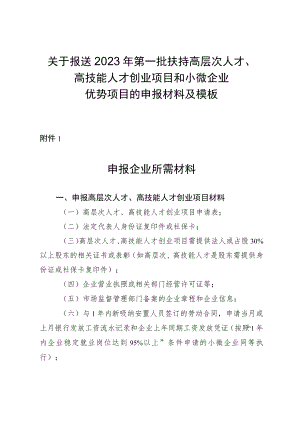 关于报送2023年第一批扶持高层次人才、 高技能人才创业项目和小微企业优势项目的申报材料及模板.docx