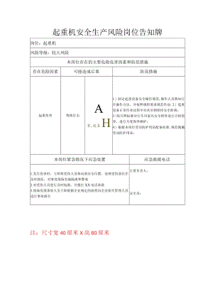 起重机安全生产风险岗位告知牌.docx