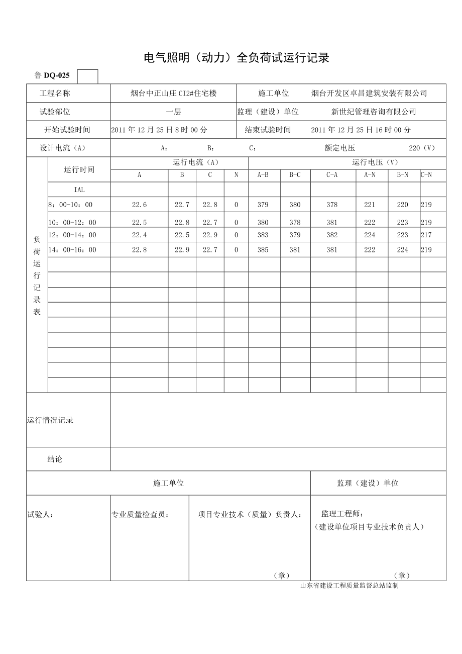 鲁SN-025电气照明(动力)全负荷试运行记录.docx_第1页