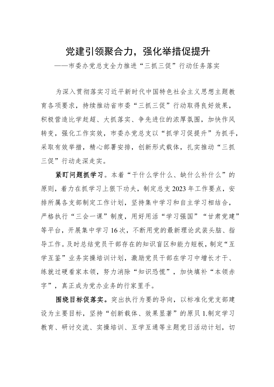 【经验交流发言】市委办党总支全力推进“三抓三促”行动任务落实-党建引领聚合力强化举措促提升.docx_第1页