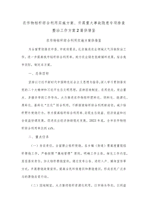 农作物秸秆综合利用实施方案、开展重大事故隐患专项排查整治工作方案2篇供借鉴.docx