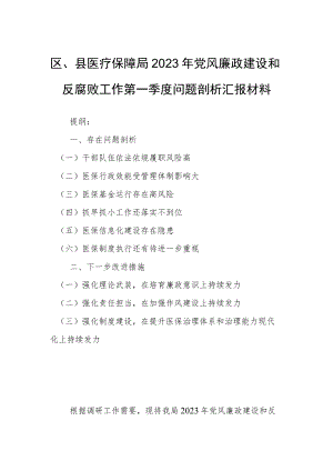 区、县医疗保障局2023年党风廉政建设和反腐败工作第一季度问题剖析汇报材料.docx