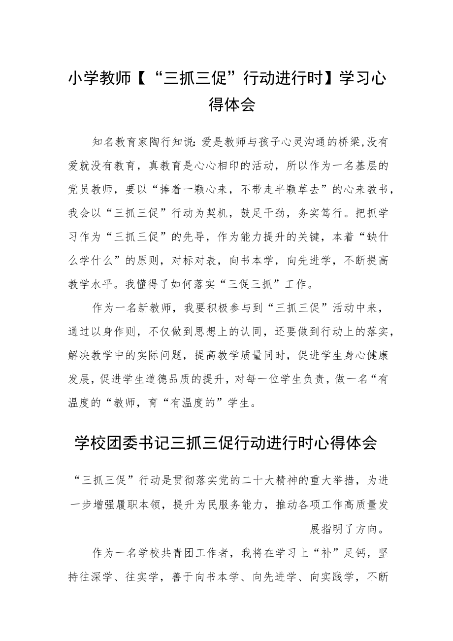 小学教师【“三抓三促”行动进行时】学习心得体会精选范文(3篇).docx_第1页