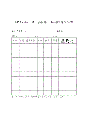 2023年经开区工会杯职工乒乓球赛报名表.docx