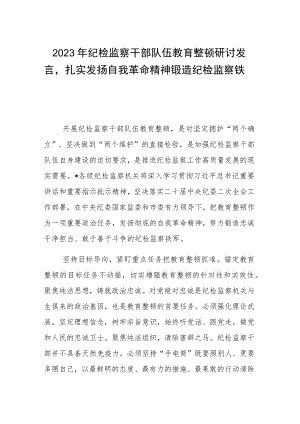 2023年纪检监察干部队伍教育整顿研讨发言扎实发扬自我革命精神锻造纪检监察铁军.docx