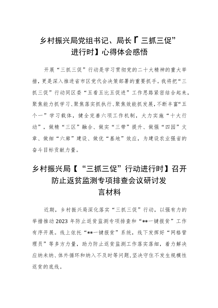 乡村振兴局党组书记、局长【“三抓三促”进行时】心得体会感悟精选范文(3篇).docx_第1页