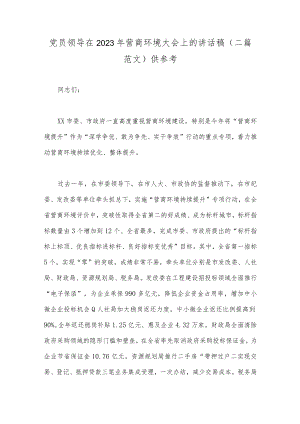 党员领导在2023年营商环境大会上的讲话稿（二篇范文）供参考.docx