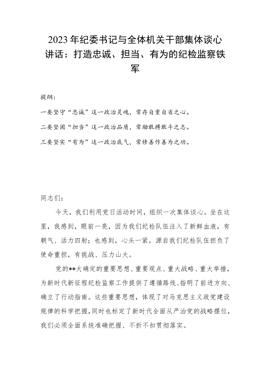 2023年纪委书记与全体机关干部集体谈心讲话:打造忠诚、担当、有为的纪检监察铁军.docx_第1页