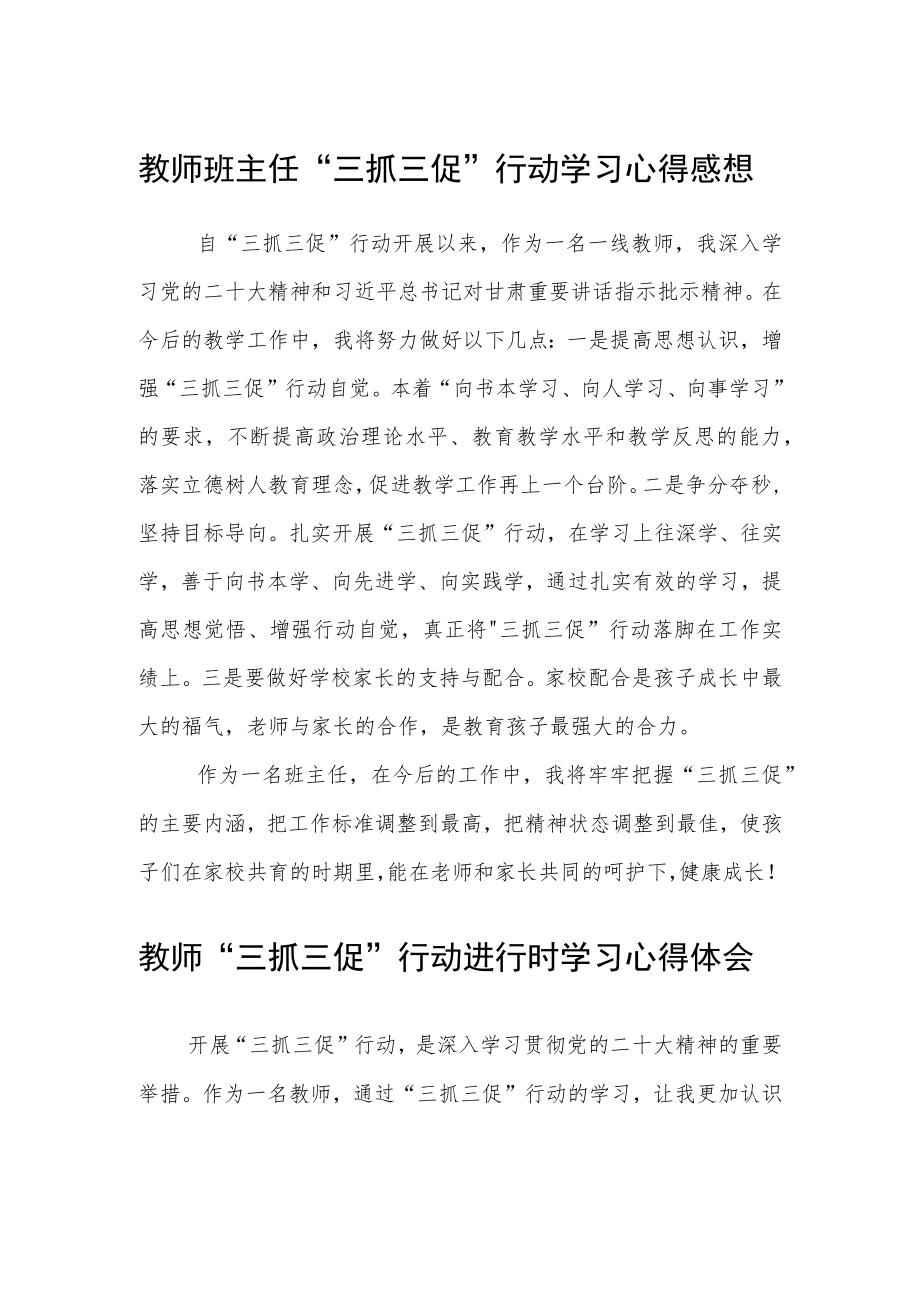 （共三篇）教师班主任“三抓三促”行动学习心得感想.docx_第1页