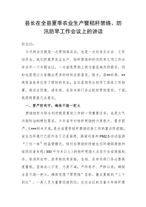 县长在全县夏季农业生产暨秸秆禁烧、防汛防旱工作会议上的讲话.docx