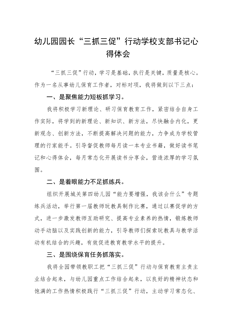 （共三篇）幼儿园园长“三抓三促”行动学校支部书记心得体会.docx_第1页