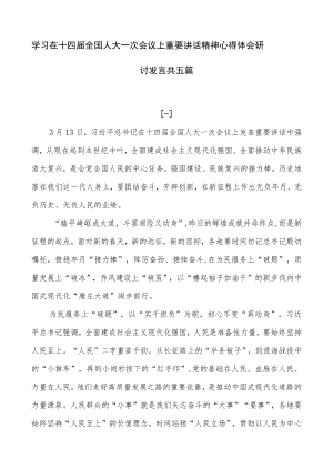 学习在十四届全国人大一次会议上重要讲话精神心得体会研讨发言共五篇.docx