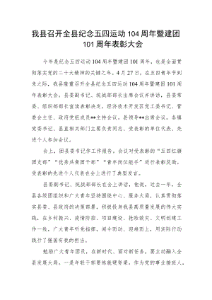我县召开全县纪念五四运动104周年暨建团101周年表彰大会.docx