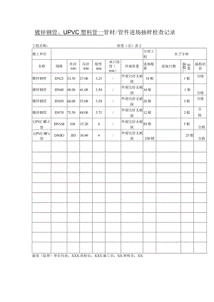 镀锌钢管、UPVC塑料管 管材管件进场抽样检查记录.docx