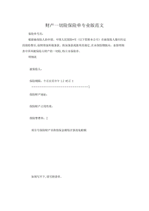 财产一切险保险单专业版范文.docx