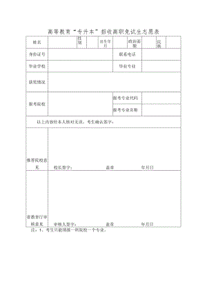 高等教育“专升本”招收高职免试生志愿表.docx