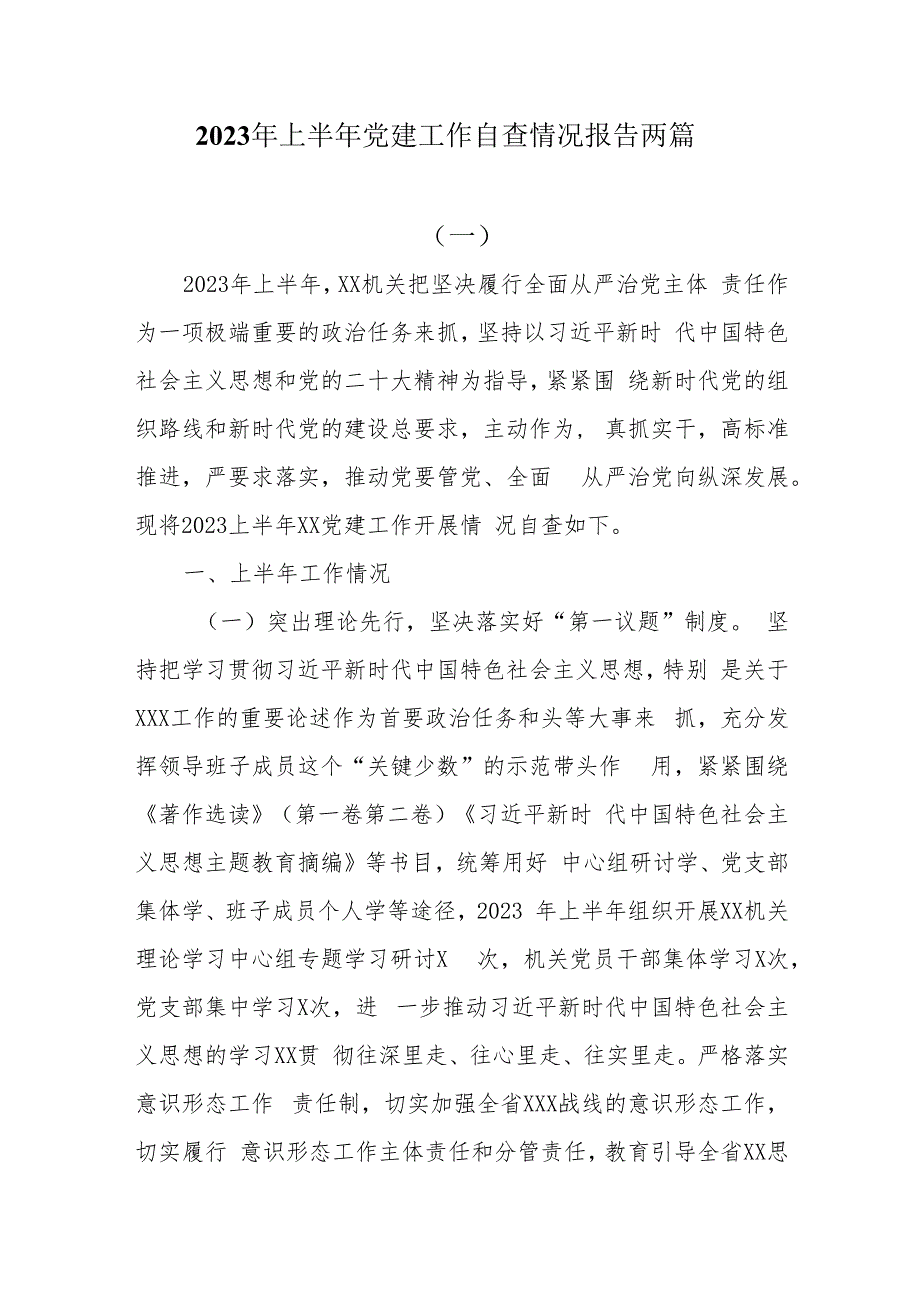 2023年上半年党建工作自查情况报告两篇.docx_第1页