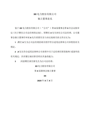 XX电力股份有限公司独立董事意见.docx