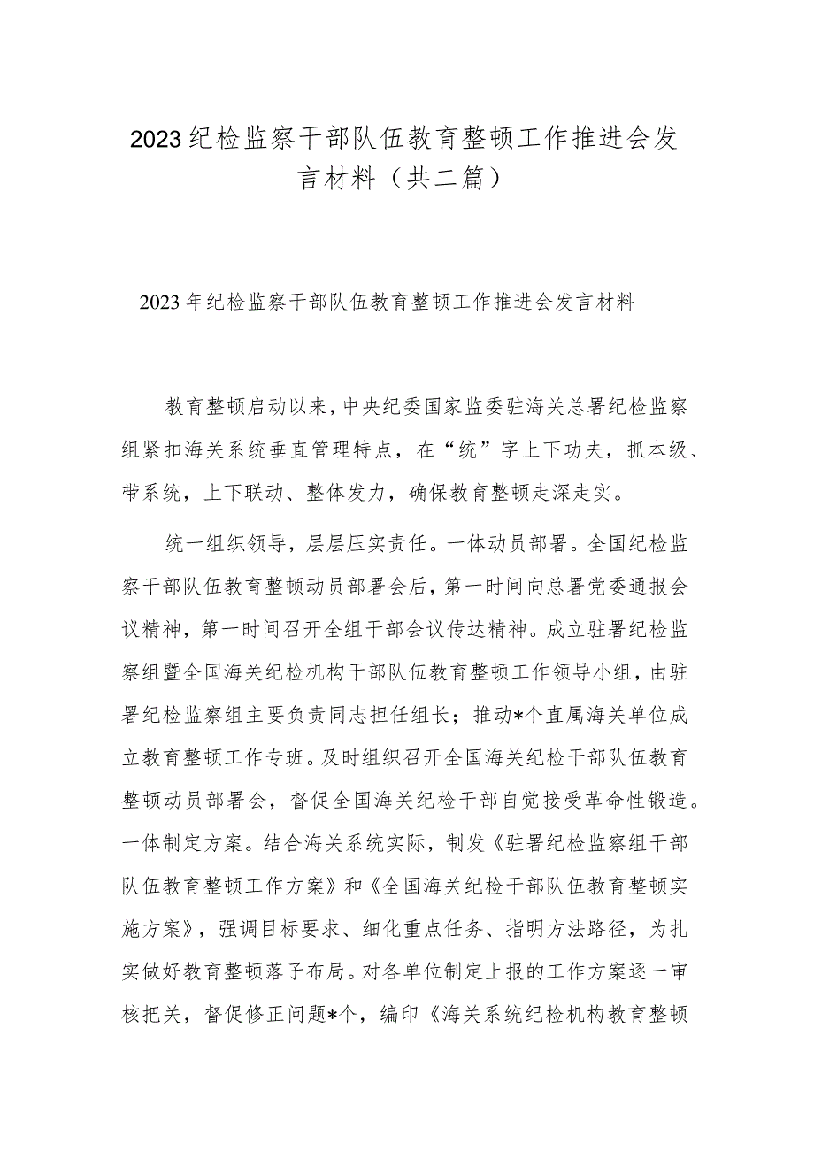 2023纪检监察干部队伍教育整顿工作推进会发言材料(共二篇).docx_第1页