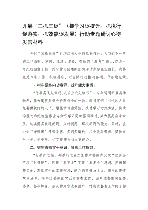 【共3篇】开展“三抓三促”（抓学习促提升、抓执行促落实、抓效能促发展）行动专题研讨心得发言材料.docx