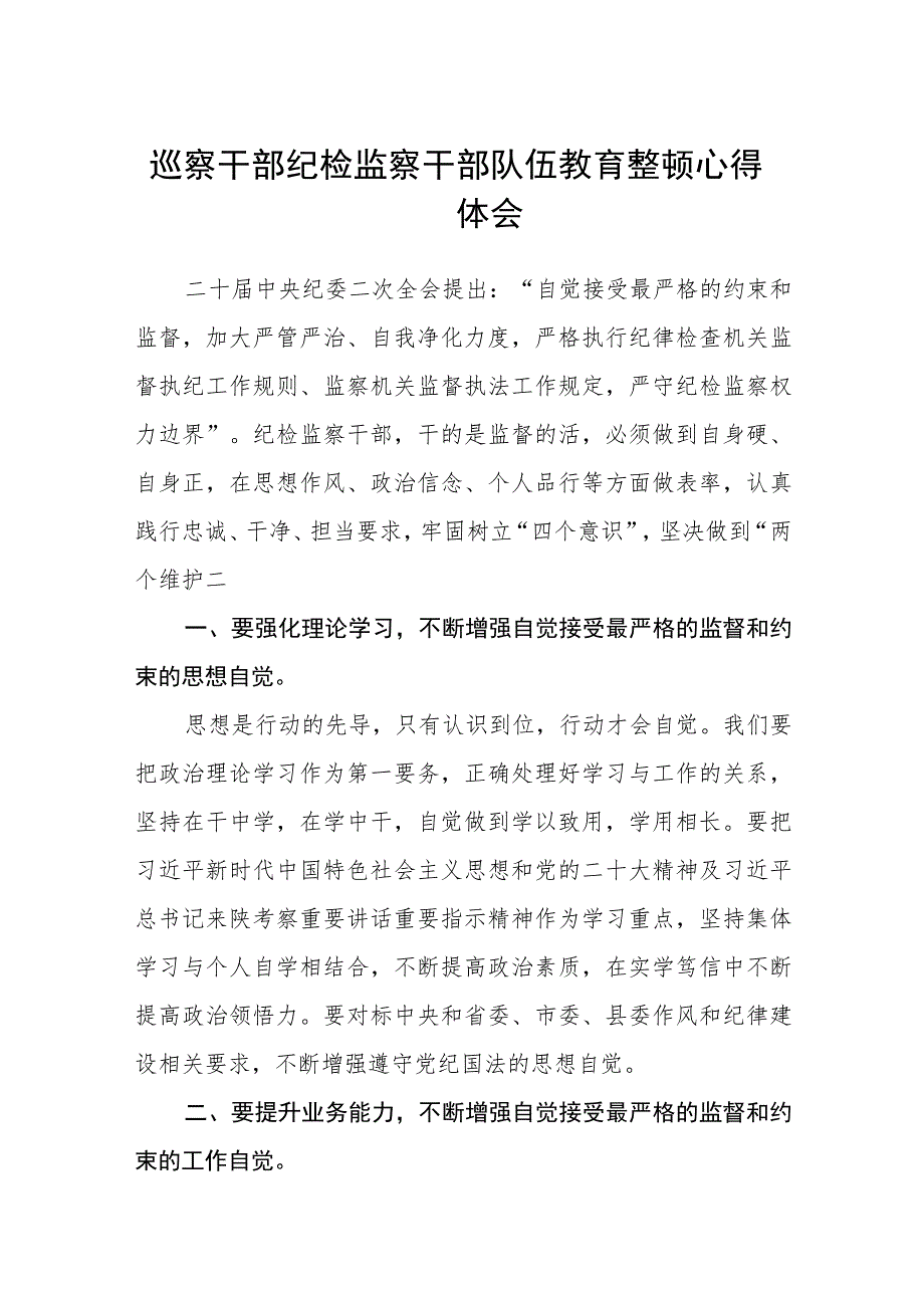 巡察干部纪检监察干部队伍教育整顿心得体会(三篇).docx_第1页