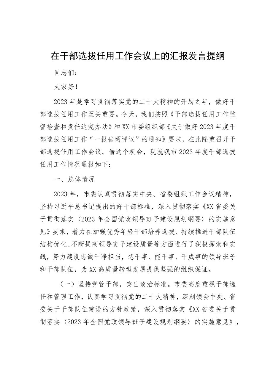 在干部选拔任用工作会议上的汇报发言提纲.docx_第1页