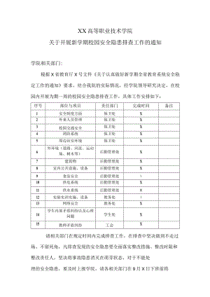 XX高等职业技术学院关于开展新学期校园安全隐患排查工作的通知.docx