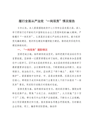 XX同志履行全面从严治党“一岗双责”情况报告.docx