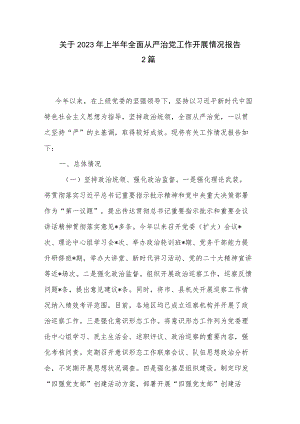 关于2023年上半年全面从严治党工作开展情况报告2篇.docx