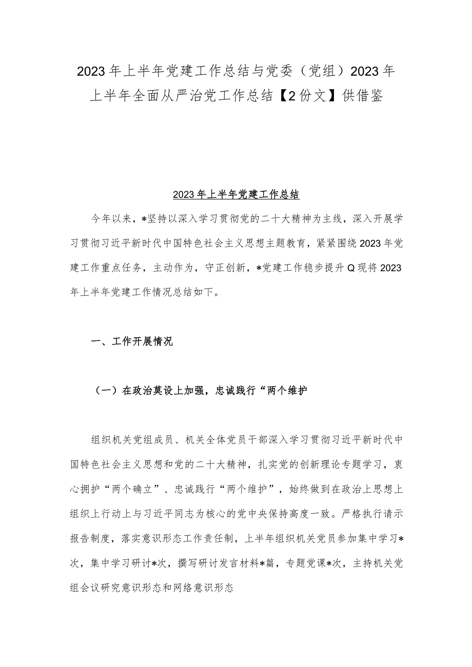 2023年上半年党建工作总结与党委(党组)2023年上半年全面从严治党工作总结【2份文】供借鉴.docx_第1页