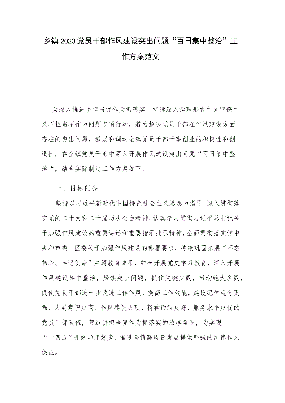 乡镇2023党员干部作风建设突出问题“百日集中整治”工作方案范文.docx_第1页