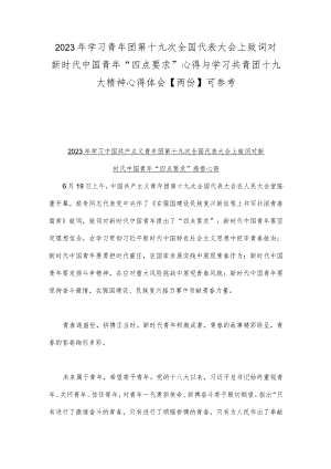 2023年学习青年团第十九次全国代表大会上致词对新时代中国青年“四点要求”心得与学习共青团十九大精神心得体会【两份】可参考.docx
